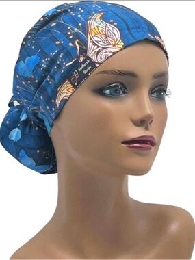 Royal Blue Butterfly Floral Print Ponytail Women’s Surgical Scrub Cap